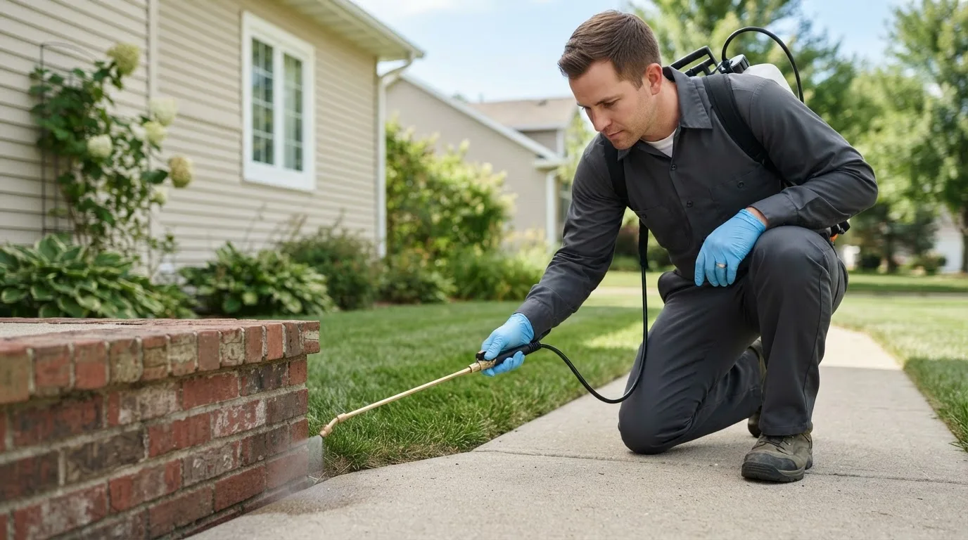 Pest control technician treating a home near Orford, NH